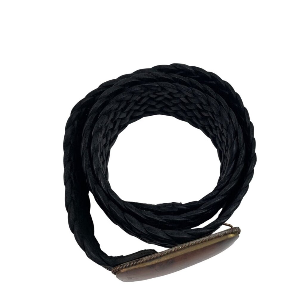 Vintage Black Braided Leather Belt With Wooden Buckle Mens Large Made In Morocco - Picture 2 of 11